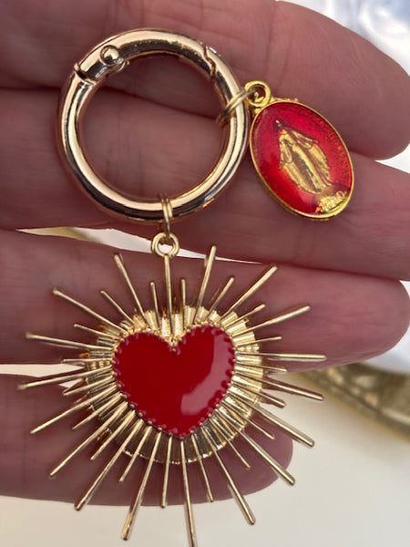 Charms porte clé ex voto coeur sacré, charms pour sac ex voto, cadeau pour femme charms coeur sacré, coeurs doré médaile religieuse
