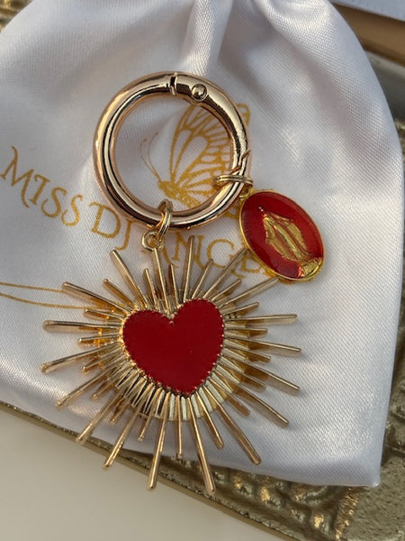 Charms porte clé ex voto coeur sacré, charms pour sac ex voto, cadeau pour femme charms coeur sacré, coeurs doré médaile religieuse