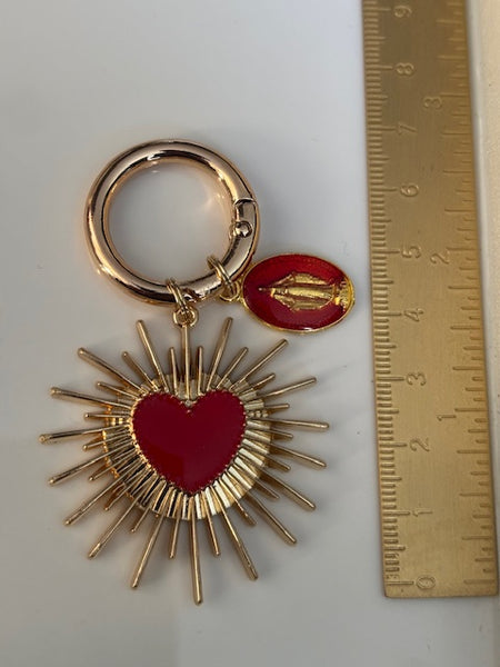 Charms porte clé ex voto coeur sacré, charms pour sac ex voto, cadeau pour femme charms coeur sacré, coeurs doré médaile religieuse