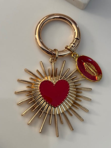 Charms porte clé ex voto coeur sacré, charms pour sac ex voto, cadeau pour femme charms coeur sacré, coeurs doré médaile religieuse