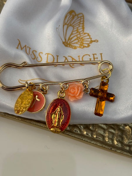 Broche ex voto, broche médaille religieuse, broche épingle porte bonheur, croix et vierge miraculeuse fait main,