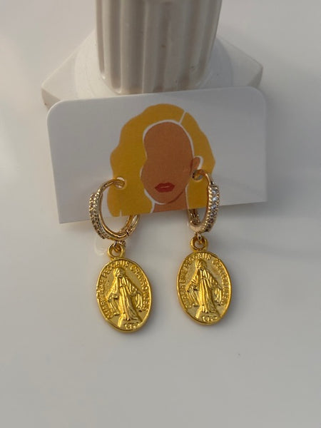 Boucles d'oreilles médailles Vierge Marie, créoles breloque Vierge Marie, boucles d'oreilles strass et pendentif religieux