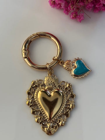 Charms ex voto coeur sacré, charms pour sac ex voto, cadeau pour femme charms coeur sacré, coeurs doré turquoise charms.