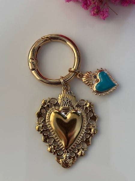 Charms ex voto coeur sacré, charms pour sac ex voto, cadeau pour femme charms coeur sacré, coeurs doré turquoise charms.