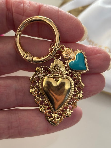 Charms ex voto coeur sacré, charms pour sac ex voto, cadeau pour femme charms coeur sacré, coeurs doré turquoise charms.