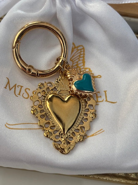 Charms ex voto coeur sacré, charms pour sac ex voto, cadeau pour femme charms coeur sacré, coeurs doré turquoise charms.