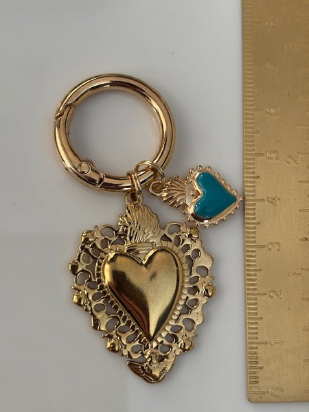 Charms ex voto coeur sacré, charms pour sac ex voto, cadeau pour femme charms coeur sacré, coeurs doré turquoise charms.
