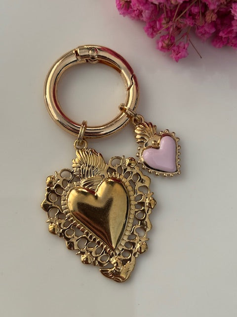 Charms ex voto coeur sacré, charms pour sac ex voto, cadeau pour femme charms coeur sacré, coeurs doré et rose charms.