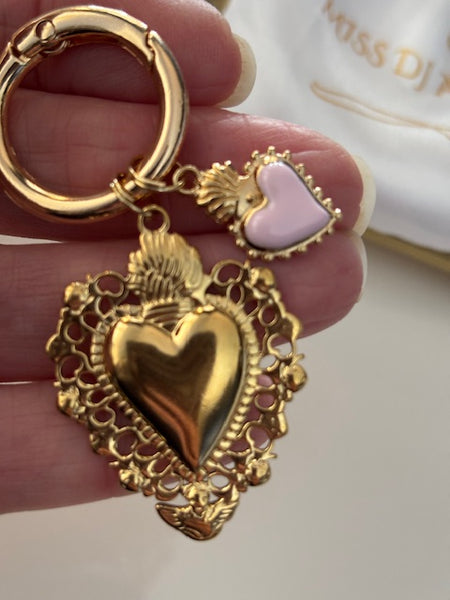 Charms ex voto coeur sacré, charms pour sac ex voto, cadeau pour femme charms coeur sacré, coeurs doré et rose charms.