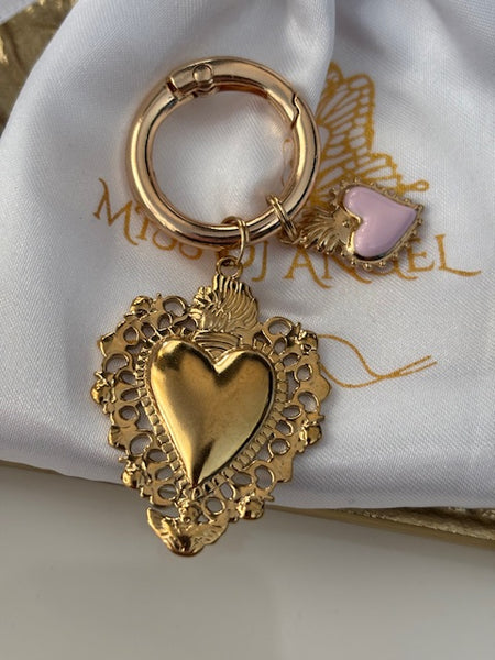 Charms ex voto coeur sacré, charms pour sac ex voto, cadeau pour femme charms coeur sacré, coeurs doré et rose charms.