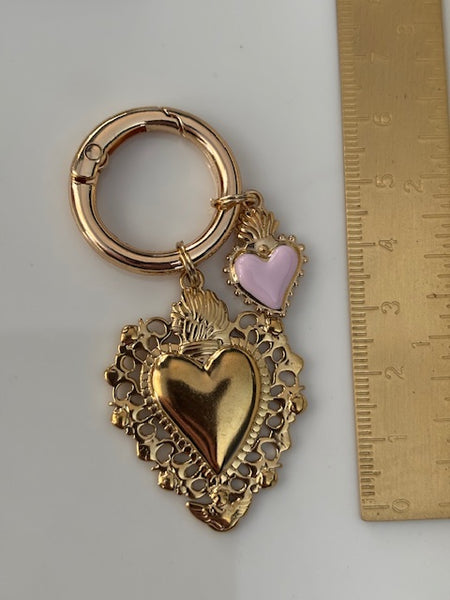 Charms ex voto coeur sacré, charms pour sac ex voto, cadeau pour femme charms coeur sacré, coeurs doré et rose charms.