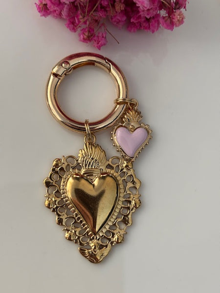 Charms ex voto coeur sacré, charms pour sac ex voto, cadeau pour femme charms coeur sacré, coeurs doré et rose charms.