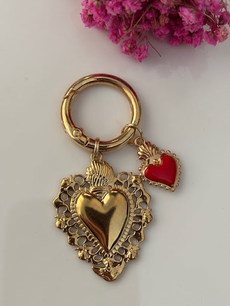 Charms ex voto coeur sacré, charms pour sac ex voto, cadeau pour femme charms coeur sacré, coeurs doré et rouge charms.