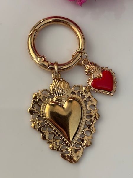 Charms ex voto coeur sacré, charms pour sac ex voto, cadeau pour femme charms coeur sacré, coeurs doré et rouge charms.
