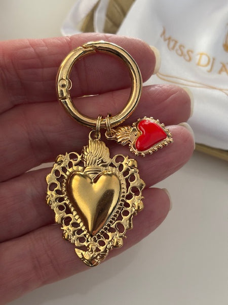 Charms ex voto coeur sacré, charms pour sac ex voto, cadeau pour femme charms coeur sacré, coeurs doré et rouge charms.