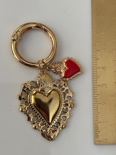 Charms ex voto coeur sacré, charms pour sac ex voto, cadeau pour femme charms coeur sacré, coeurs doré et rouge charms.