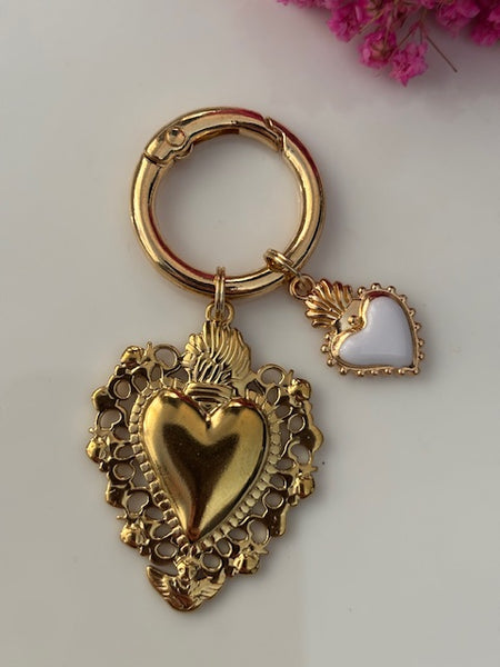 Charms ex voto coeur sacré, charms pour sac ex voto, cadeau pour femme charms coeur sacré, coeurs doré et blanc charms