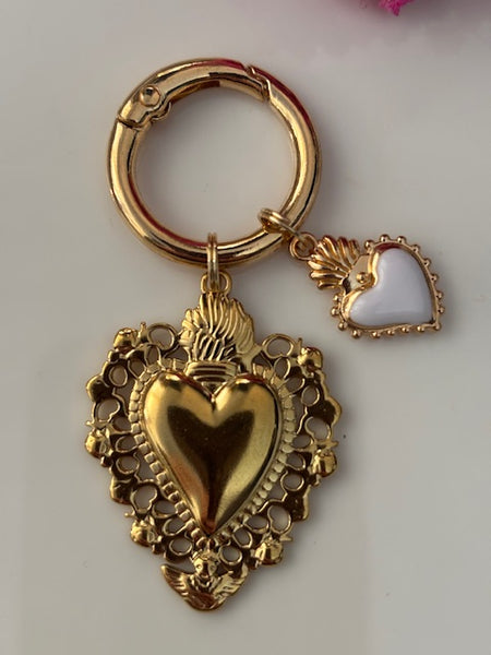 Charms ex voto coeur sacré, charms pour sac ex voto, cadeau pour femme charms coeur sacré, coeurs doré et blanc charms