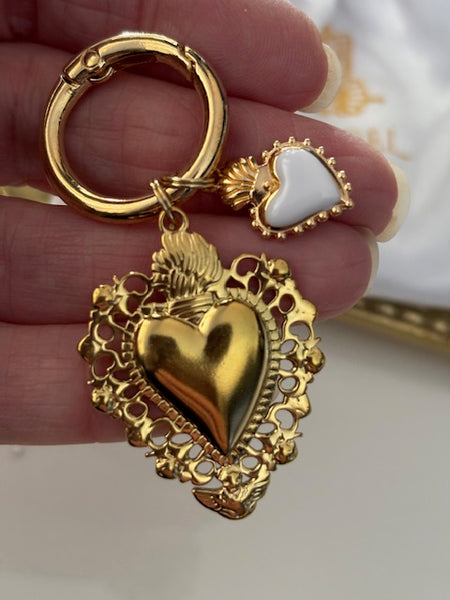 Charms ex voto coeur sacré, charms pour sac ex voto, cadeau pour femme charms coeur sacré, coeurs doré et blanc charms