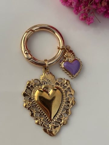 Charms ex voto coeur sacré, charms pour sac ex voto, cadeau pour femme charms coeur sacré, coeurs doré et violet charms.