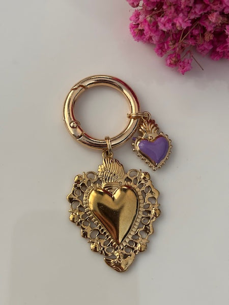 Charms ex voto coeur sacré, charms pour sac ex voto, cadeau pour femme charms coeur sacré, coeurs doré et violet charms.