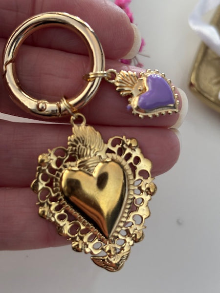 Charms ex voto coeur sacré, charms pour sac ex voto, cadeau pour femme charms coeur sacré, coeurs doré et violet charms.
