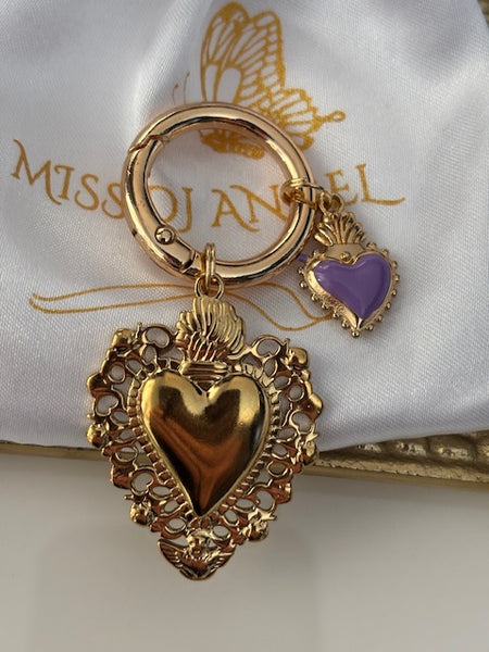 Charms ex voto coeur sacré, charms pour sac ex voto, cadeau pour femme charms coeur sacré, coeurs doré et violet charms.