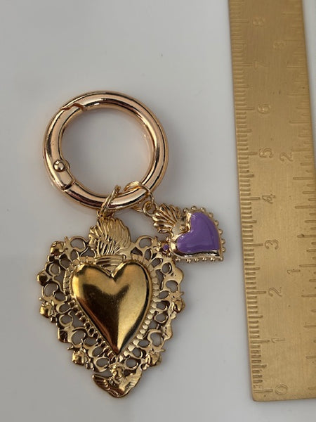 Charms ex voto coeur sacré, charms pour sac ex voto, cadeau pour femme charms coeur sacré, coeurs doré et violet charms.