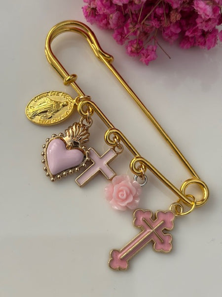 Broche ex voto, broche croix médaille religieuse, cadeau pour maman croix, cadeau pour femme croix, breloque croix rose