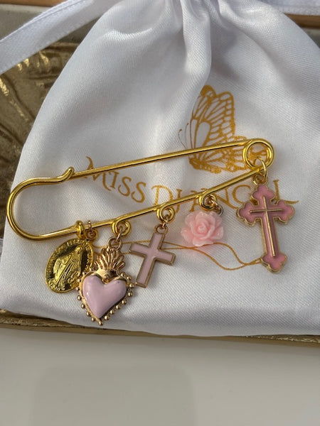 Broche ex voto, broche croix médaille religieuse, cadeau pour maman croix, cadeau pour femme croix, breloque croix rose