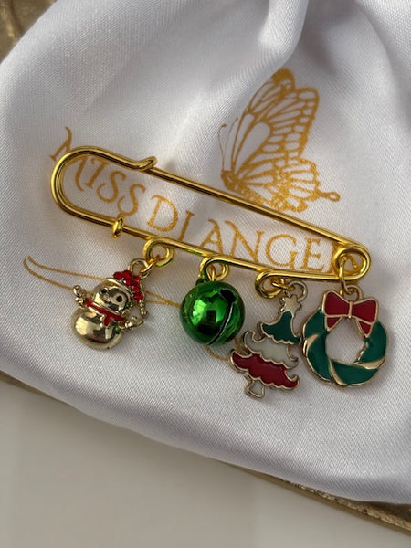 Broche Noël, broche sapin et grelot, broche breloques de Noël, pendentifs bonhomme de neige couronne de houx, cadeau Noël fait main