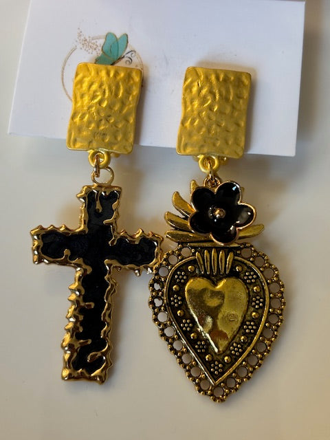 Boucles d'oreilles ex voto, boucles d'oreille coeur sacré, breloque croix et coeur sacré, pendentif ex voto, cadeau religieux cérémonie