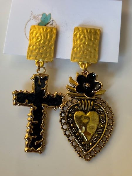 Boucles d'oreilles ex voto, boucles d'oreille coeur sacré, breloque croix et coeur sacré, pendentif ex voto, cadeau religieux cérémonie