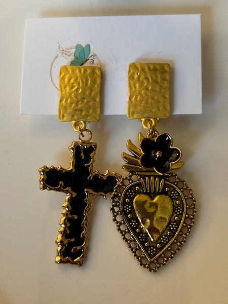 Boucles d'oreilles ex voto, boucles d'oreille coeur sacré, breloque croix et coeur sacré, pendentif ex voto, cadeau religieux cérémonie