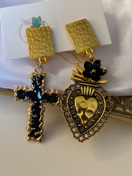 Boucles d'oreilles ex voto, boucles d'oreille coeur sacré, breloque croix et coeur sacré, pendentif ex voto, cadeau religieux cérémonie