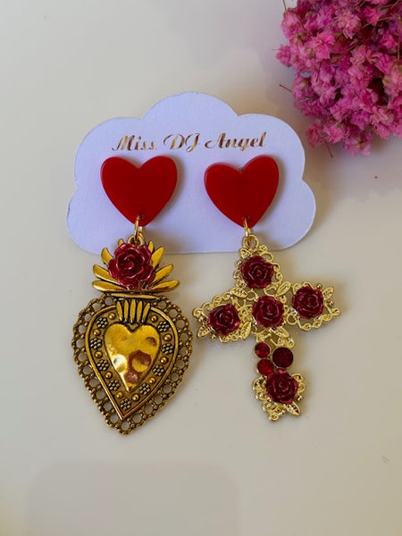 Boucles d'oreilles ex voto, boucles d'oreille coeur sacré, breloque croix et coeur sacré, pendentif ex voto, cadeau religieux cérémonie