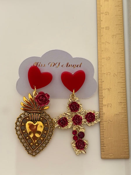 Boucles d'oreilles ex voto, boucles d'oreille coeur sacré, breloque croix et coeur sacré, pendentif ex voto, cadeau religieux cérémonie