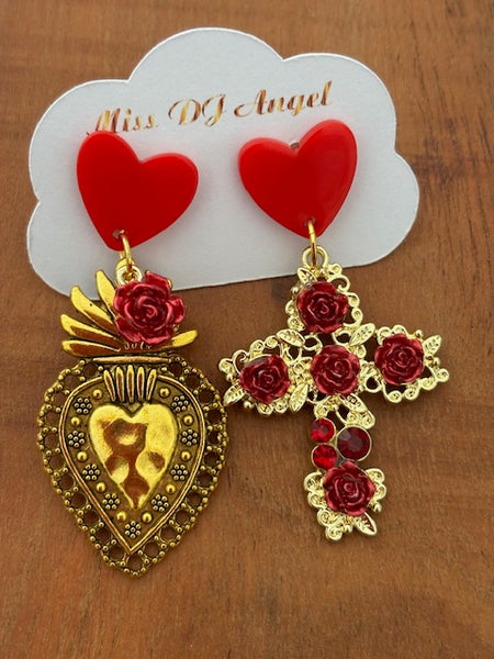 Boucles d'oreilles ex voto, boucles d'oreille coeur sacré, breloque croix et coeur sacré, pendentif ex voto, cadeau religieux cérémonie