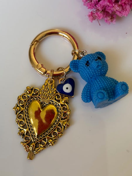 Charms coeur médaille et ourson, porte clé ourson ex voto, cadeau pour maman ourson, cadeau femme cœur sacré, breloque médaille religieuse