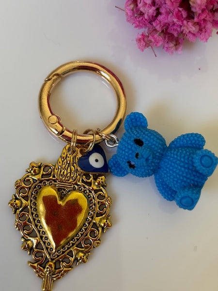 Charms coeur médaille et ourson, porte clé ourson ex voto, cadeau pour maman ourson, cadeau femme cœur sacré, breloque médaille religieuse