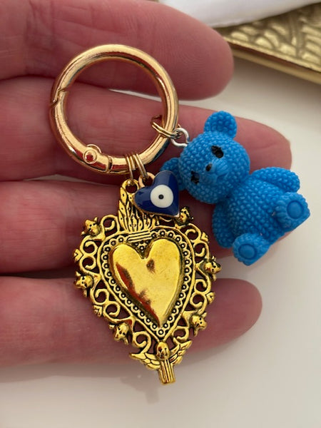 Charms coeur médaille et ourson, porte clé ourson ex voto, cadeau pour maman ourson, cadeau femme cœur sacré, breloque médaille religieuse