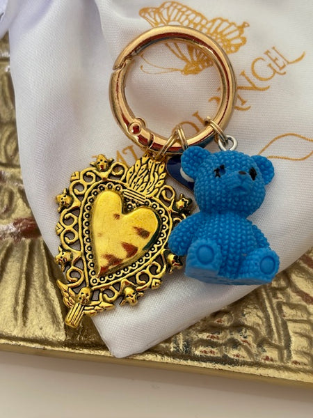 Charms coeur médaille et ourson, porte clé ourson ex voto, cadeau pour maman ourson, cadeau femme cœur sacré, breloque médaille religieuse