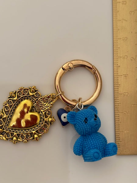 Charms coeur médaille et ourson, porte clé ourson ex voto, cadeau pour maman ourson, cadeau femme cœur sacré, breloque médaille religieuse