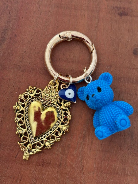 Charms coeur médaille et ourson, porte clé ourson ex voto, cadeau pour maman ourson, cadeau femme cœur sacré, breloque médaille religieuse