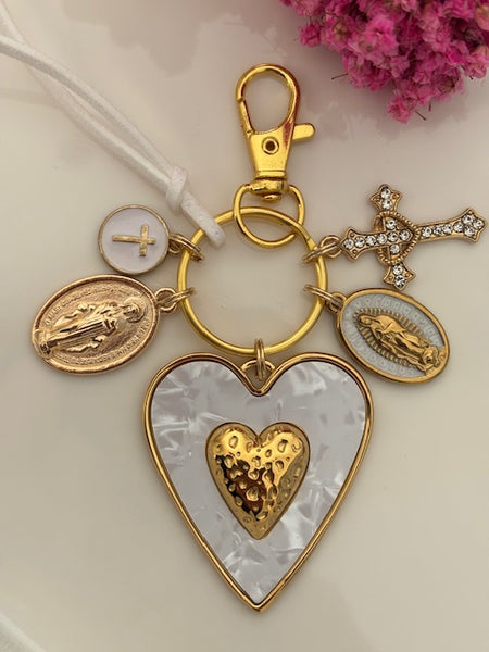 Porte-clés vierge Marie coeur sacré et croix, cadeau pour maman vierge de la Guadeloupe, breloque vierge médaille miraculeuse, ex voto bijou