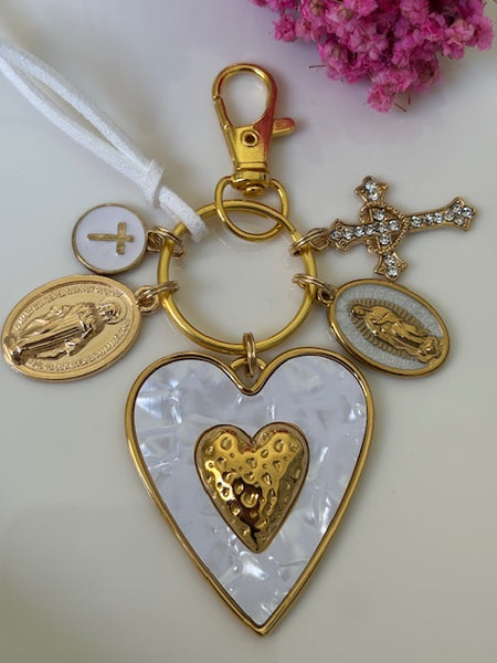 Porte-clés vierge Marie coeur sacré et croix, cadeau pour maman vierge de la Guadeloupe, breloque vierge médaille miraculeuse, ex voto bijou