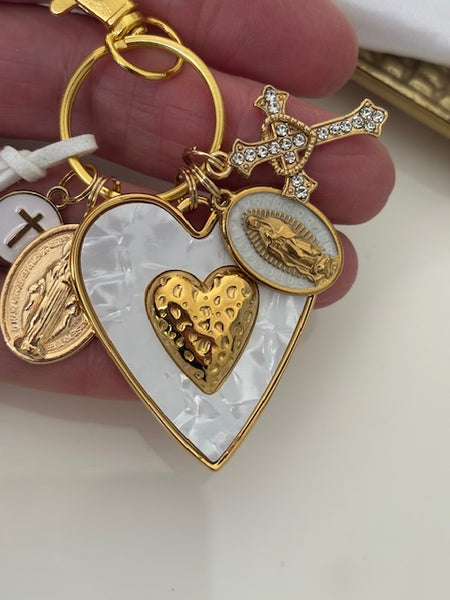 Porte-clés vierge Marie coeur sacré et croix, cadeau pour maman vierge de la Guadeloupe, breloque vierge médaille miraculeuse, ex voto bijou