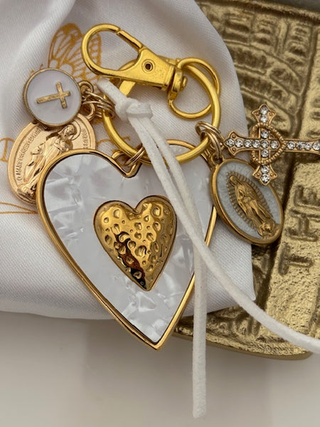 Porte-clés vierge Marie coeur sacré et croix, cadeau pour maman vierge de la Guadeloupe, breloque vierge médaille miraculeuse, ex voto bijou