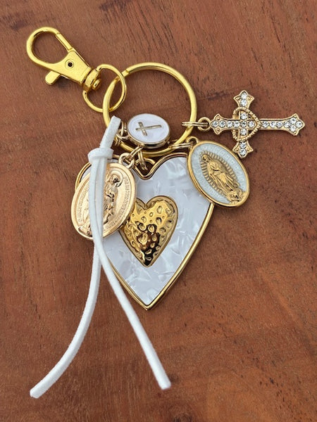 Porte-clés vierge Marie coeur sacré et croix, cadeau pour maman vierge de la Guadeloupe, breloque vierge médaille miraculeuse, ex voto bijou