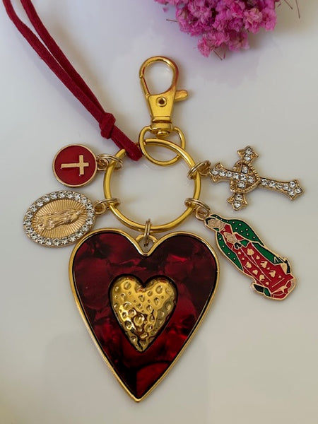 Porte-clés vierge Marie coeur sacré et croix, cadeau pour maman vierge de la Guadeloupe, breloque vierge médaille miraculeuse, ex voto bijou